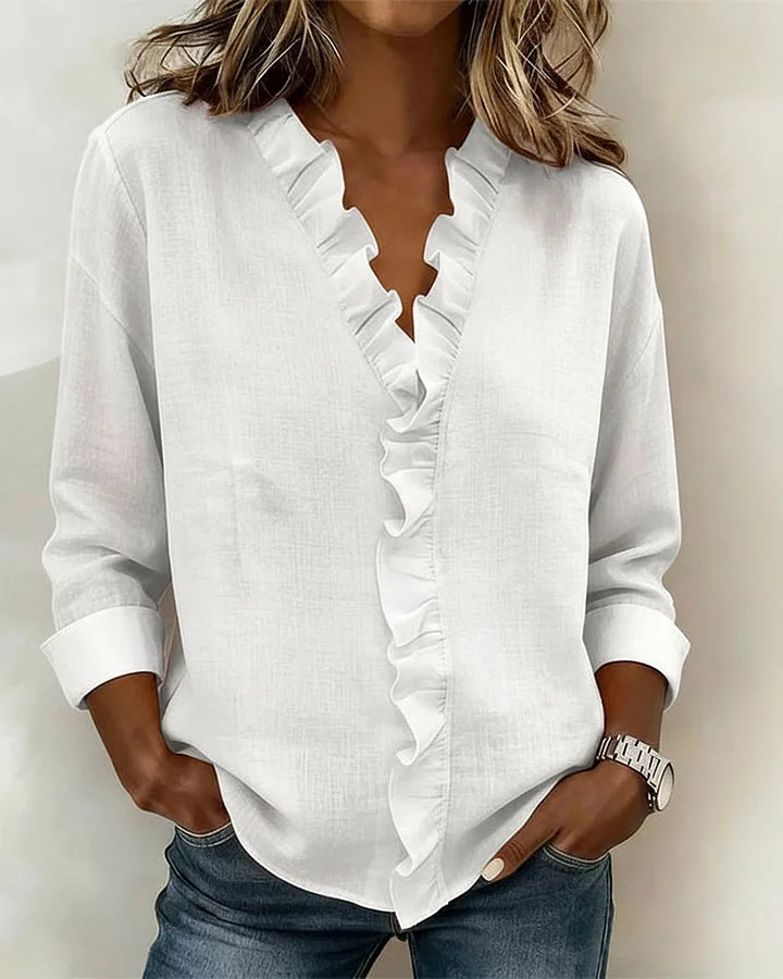 CAROLE - Ruffled V-Neck Long Sleeve Blouse