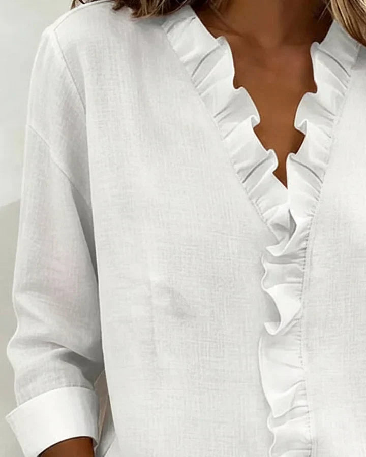 CAROLE - Ruffled V-Neck Long Sleeve Blouse