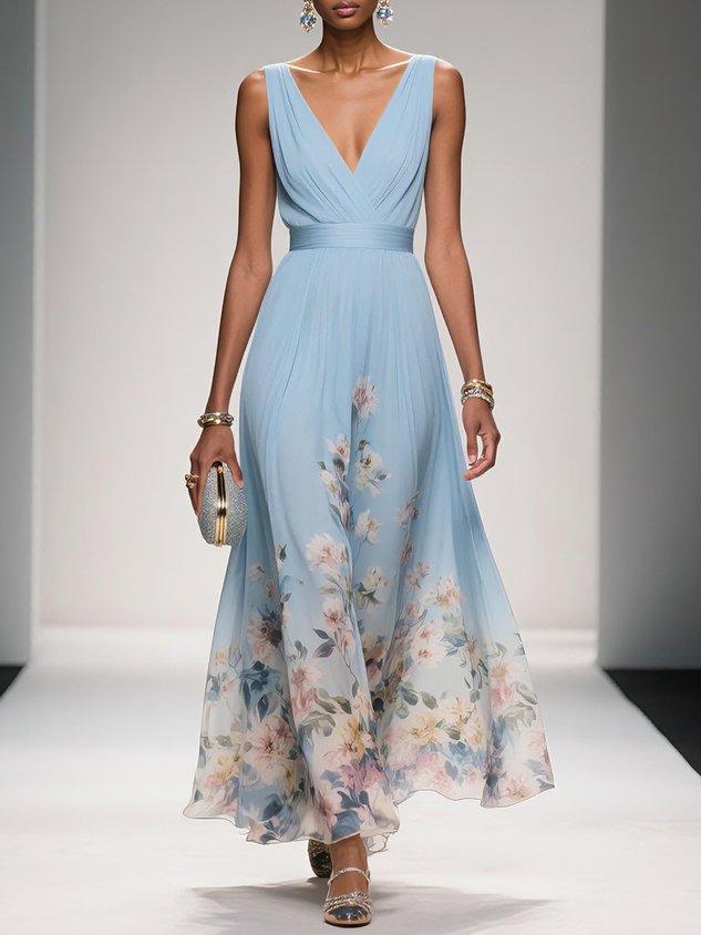 Rosa - Floral Chiffon V-Neck Maxi Dress