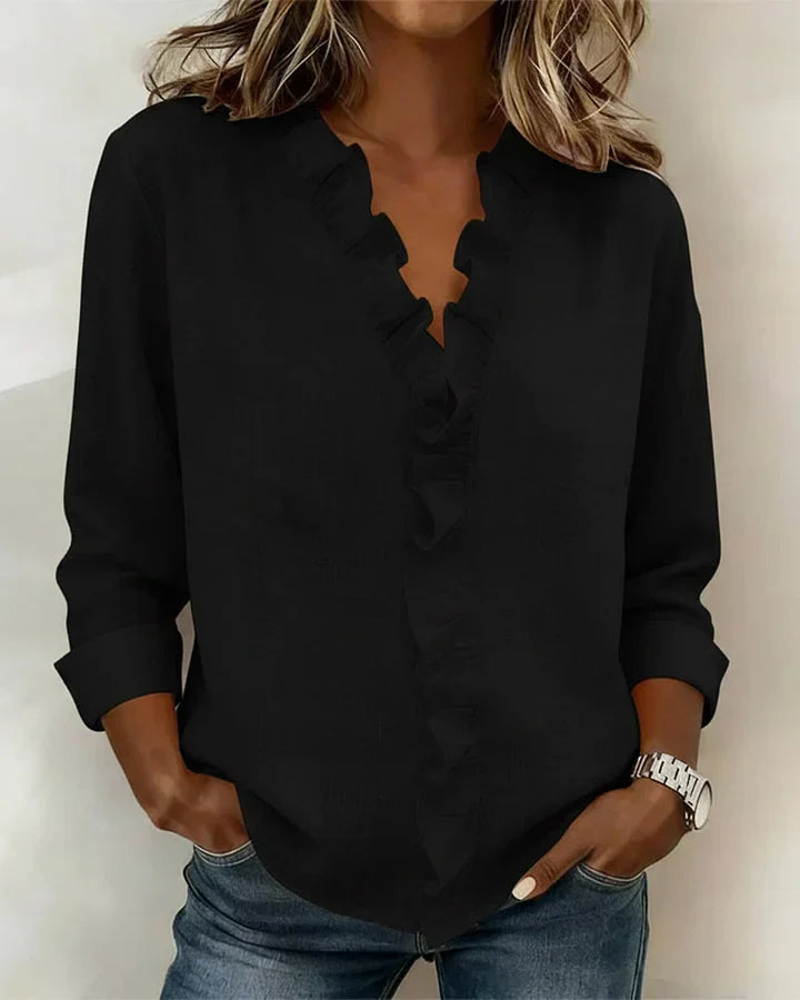 CAROLE - Ruffled V-Neck Long Sleeve Blouse