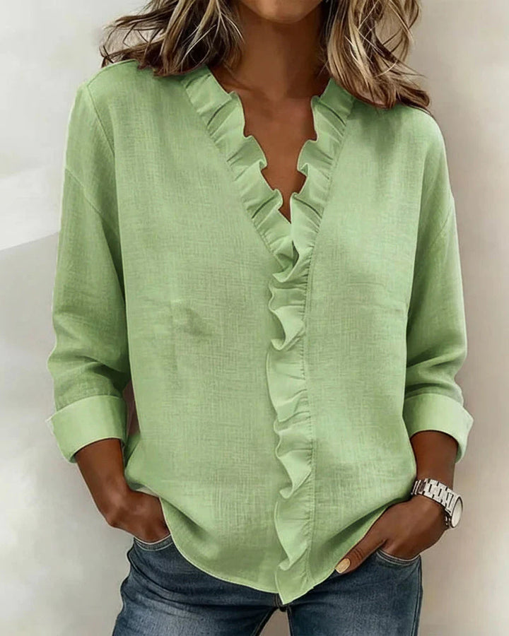 CAROLE - Ruffled V-Neck Long Sleeve Blouse