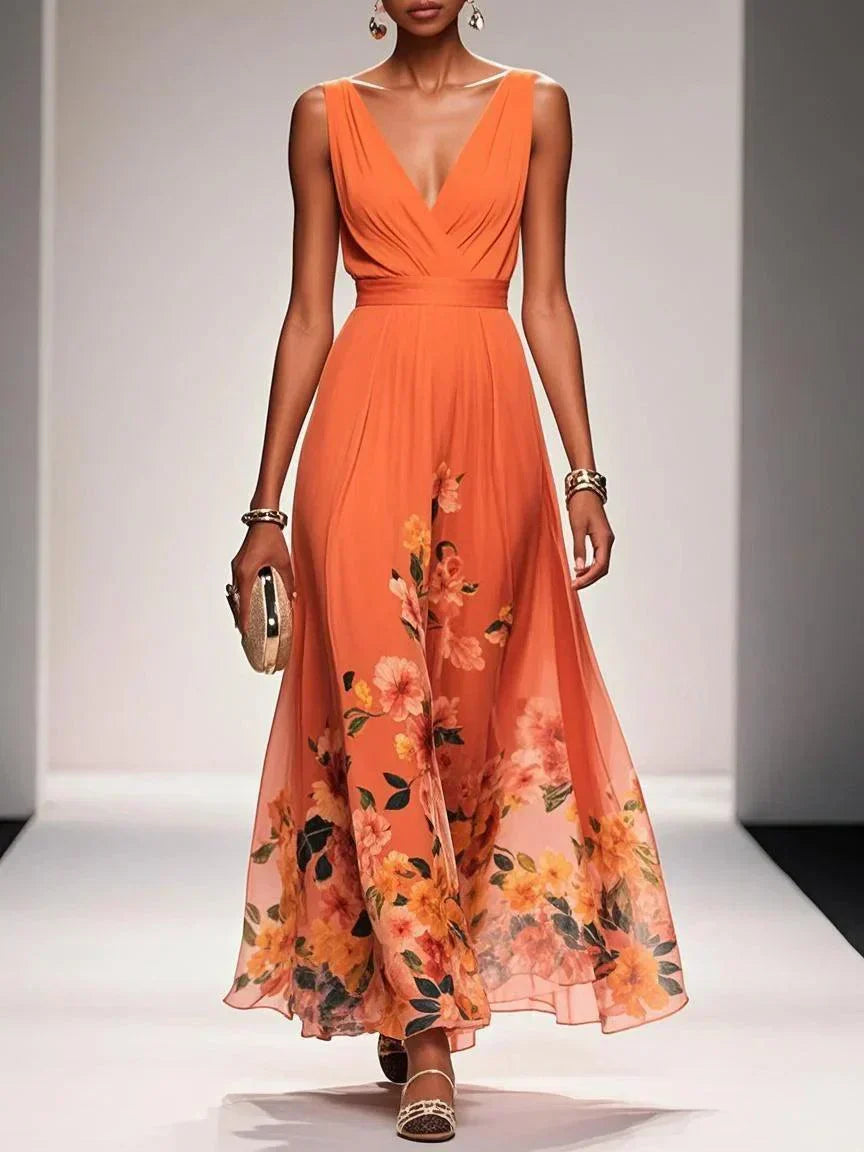Rosa - Floral Chiffon V-Neck Maxi Dress