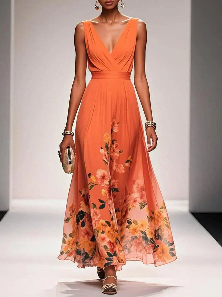 Rosa - Floral Chiffon V-Neck Maxi Dress