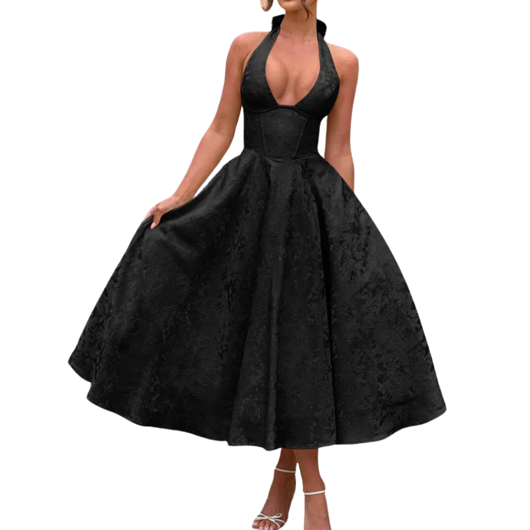 VIOLETTE – Embroidered Halter V-Neck Evening Dress