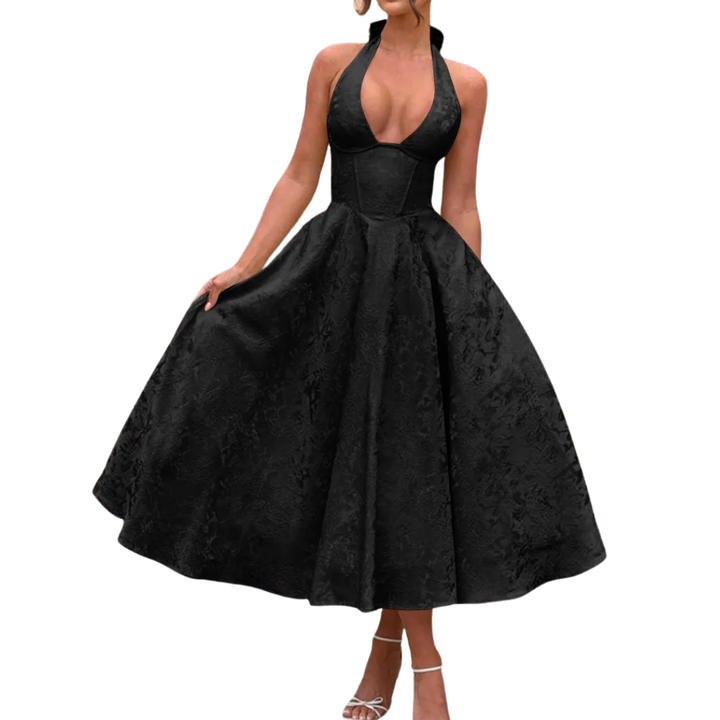 VIOLETTE – Embroidered Halter V-Neck Evening Dress