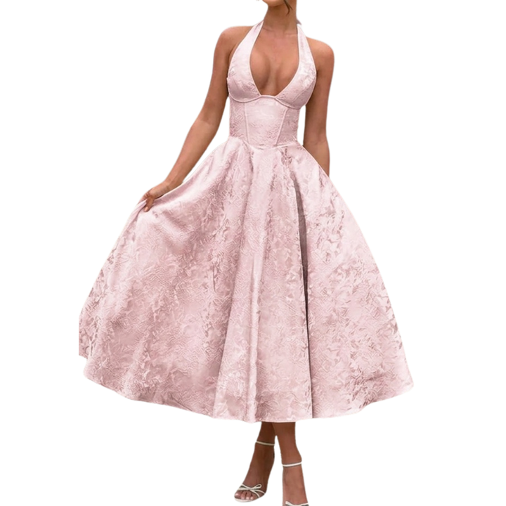 VIOLETTE – Embroidered Halter V-Neck Evening Dress
