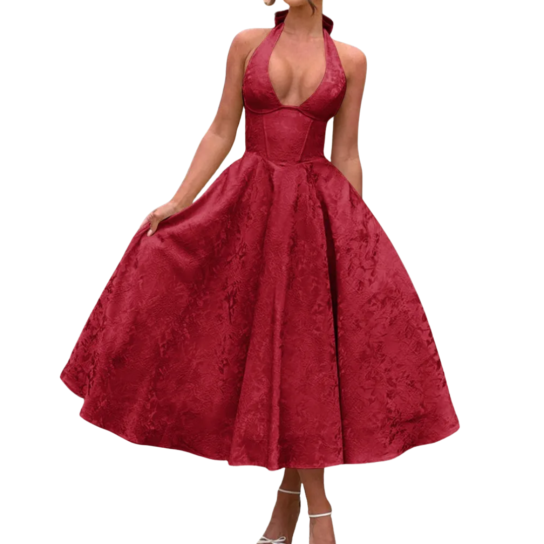 VIOLETTE – Embroidered Halter V-Neck Evening Dress