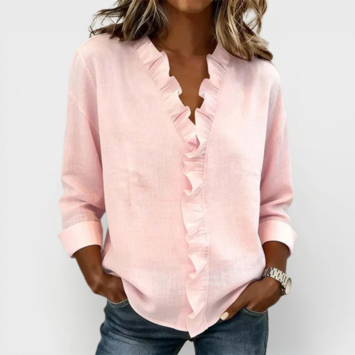 CAROLE - Ruffled V-Neck Long Sleeve Blouse