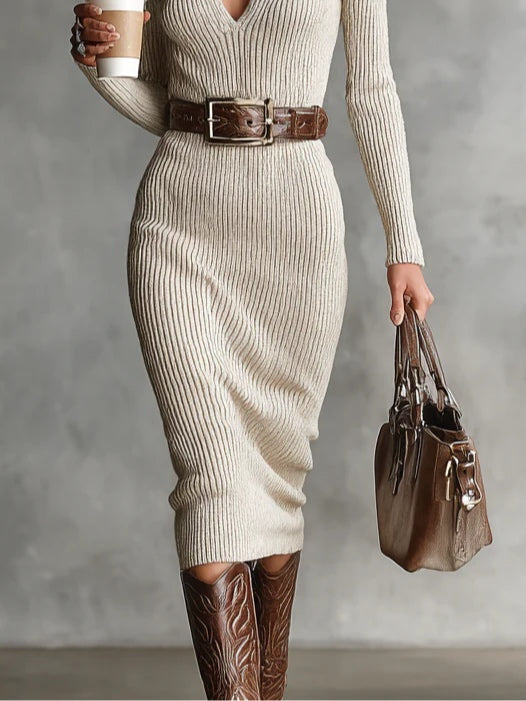 CHARLENE - Belted Knitted Midi Dress