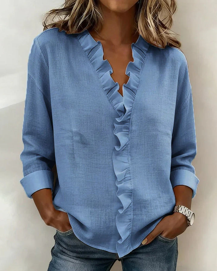 CAROLE - Ruffled V-Neck Long Sleeve Blouse