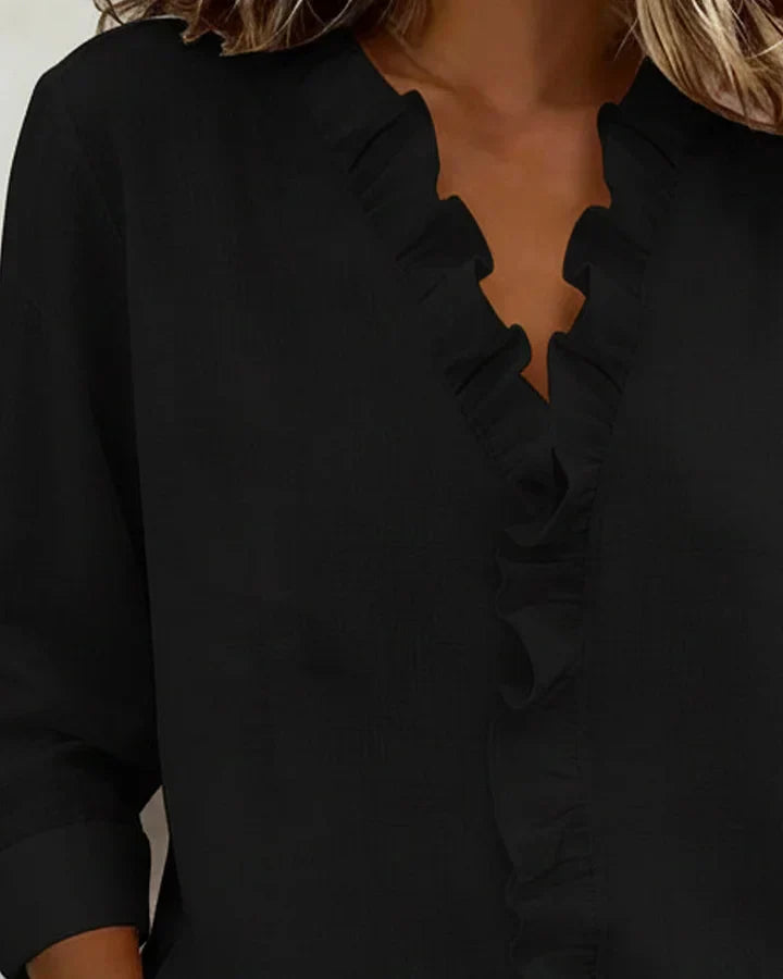 CAROLE - Ruffled V-Neck Long Sleeve Blouse
